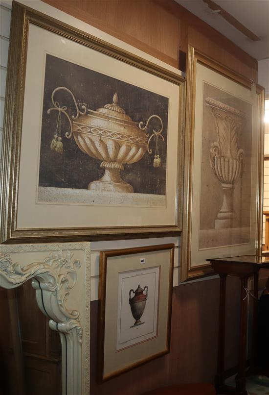 Three coloured prints of Classical vases, framed and glazed